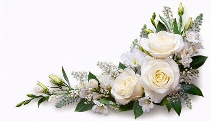White Roses And Eustoma Flowers In A Corner Arrangement Isolated On White Or Transparent Background