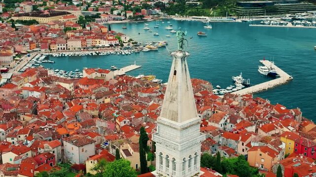Aerial panorama of Croatian landmark, old town Rovinj and the cathedral of St. Euphemia, Istria, Croatia.