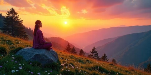 A serene landscape at sunrise, embodying the peaceful pursuit of spiritual enlightenment and inner peace Perfect for meditation, mindfulness, and yoga themes , quiet, cosmos, faith