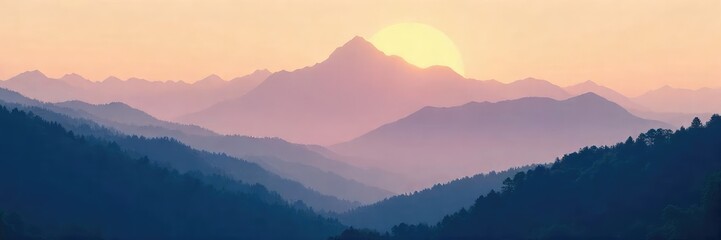 Fototapeta premium A serene landscape featuring a misty mountain range at dawn, perfect for travel, nature, or environmental themes The soft light creates a peaceful and tranquil atmosphere , sky, hills, environment