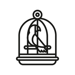 A black line drawing depicts a bird in a cage The cage has a curved top a perch and a base The bird is inside. Editable stroke line  icon