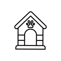 A black line drawing of a doghouse with a paw print above the door. Editable stroke line  icon