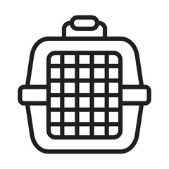 A black line drawing of a pet carrier The carrier has a grid front a handle and side openings. Editable stroke line  icon