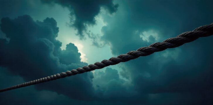 A taut rope stretches across a dramatic, stormy sky, creating a sense of suspense and unease The dark clouds and ominous lighting add to the feeling of tension , lighting, pressure
