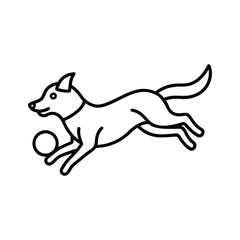 A blacklined dog leaps right holding a ball in its mouth The dog has pointed ears and a curved tail. Editable stroke line  icon