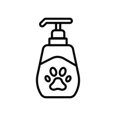 A blackoutlined bottle with a pump dispenser and a paw print. Editable stroke line  icon