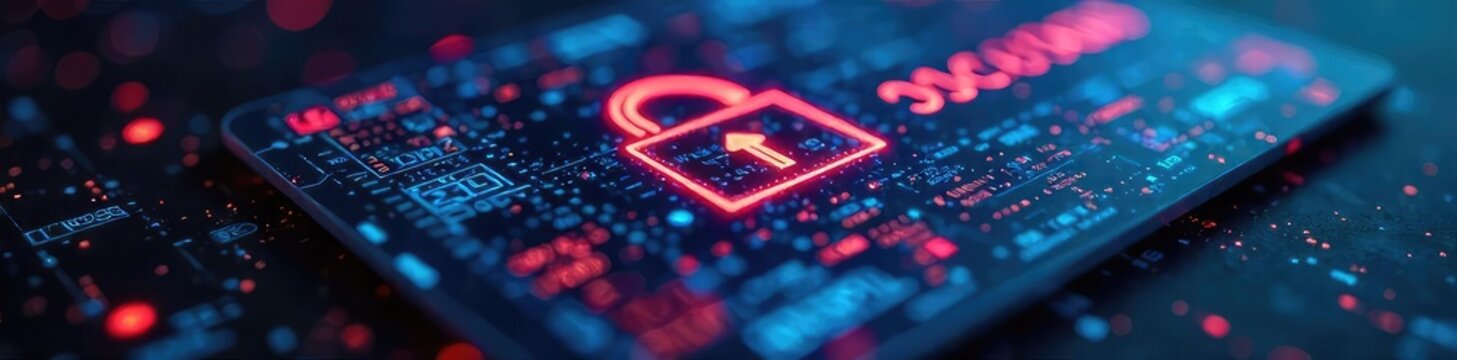 Close-up shot of a futuristic digital keycard with glowing holographic elements, representing advanced password security technology for the future of data protection ,  scan,  online,  unlock