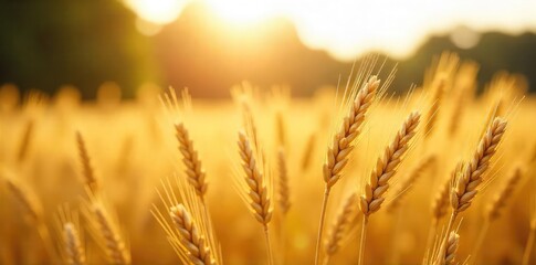 Golden wheat stalks sway gently in a summer field, bathed in warm sunlight The scene evokes a feeling of rustic charm and bountiful harvest , abundance, farmland