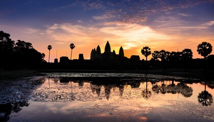 angkor wat highly detailed silhouette during sunrise vibrant sky ancient stone carvings