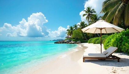 Luxury umbrella resort nestled on a pristine beach, turquoise waters lapping gently at the shore Relaxation, escape, and tropical paradise await , sand, luxury, blue