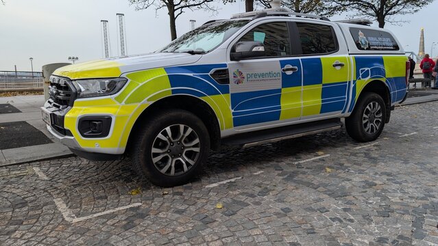 Liverpool, Merseyside, UK 10 18 2025 The rural, wildlife and heritage unit of Merseyside police Ford Ranger pick up truck parked on the city waterfront.