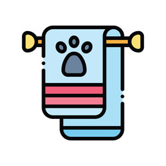 A light blue towel with a dark gray paw print and red stripes hangs on a gold towel rack