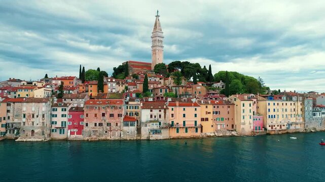 Aerial panorama of Croatian landmark, old town Rovinj and the cathedral of St. Euphemia, Istria, Croatia.