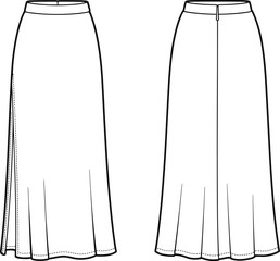 Women's long skirt technical sketch, front and back view, high waist, side slit, zipper closure, fashion flat drawing, vector garment design template