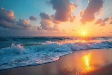 Fototapeta premium Serene nature soundscape, calming ocean waves lapping gently on the shore at sunset, peaceful beach tranquility, perfect for relaxation and meditation , blue, healing