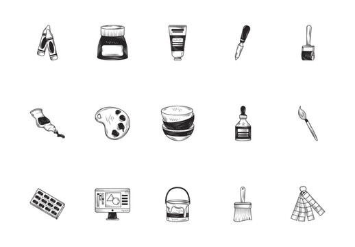 Black Art Tools Paint Doodle Icons Set