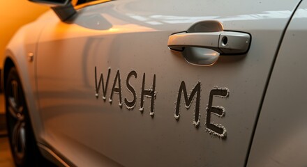 Obraz premium Closeup of wash me written on the side of a white car door, with water droplets and warm lighting