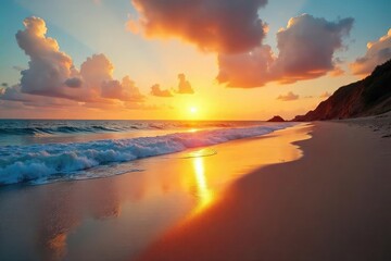 Fototapeta premium Stunning sunset over a tranquil beach, golden light reflecting on the calm ocean waves and wet sand Perfect for travel, vacation, and nature themes , summer, low angle