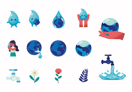 Blue Water Day Environment Planet Illustrations Set