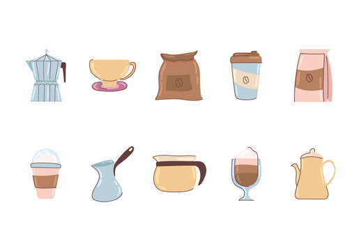 Brown And Beige Coffee Drinks Cups Illustrations Set