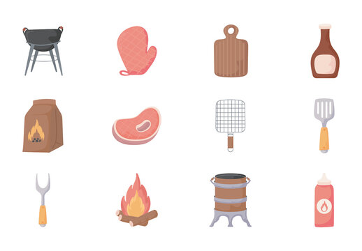 Brown And Red BBQ Grill Tools Illustrations Set
