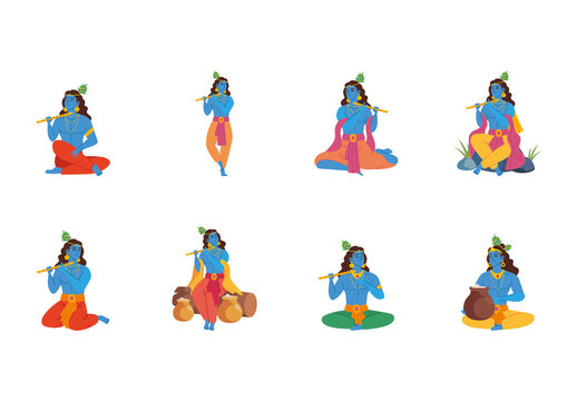 Colorful Krishna Hindu God Mythology Illustrations Set