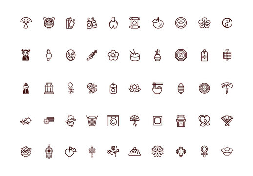 Brown Chinese New Year Line Icons Set