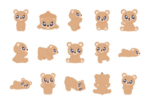 Brown Bear Cute Animal Kawaii Illustrations Set