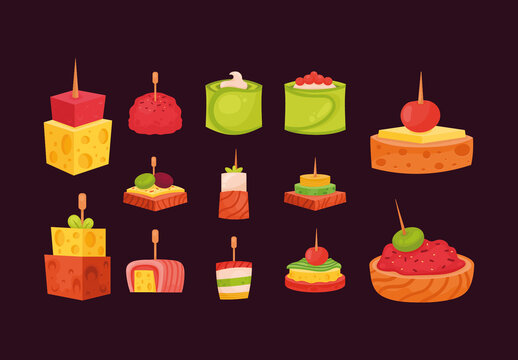 Colorful Cheese Canape Snack Appetizers Illustrations Set