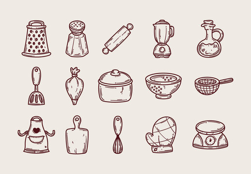 Brown Kitchen Cooking Tools Doodle Illustrations Set