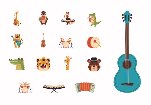 Colorful Animal Music Instruments Illustrations Set
