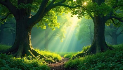 Fototapeta premium Sunlight streams through the canopy of a lush, green forest, illuminating the dappled undergrowth and ancient trees A sense of peace and tranquility pervades the scene , natural, ecology, leaves
