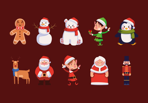 Colorful Christmas Characters Illustrations Set