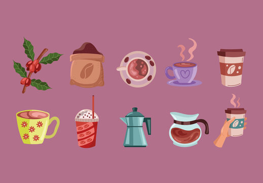 Colorful Coffee Beans Cup Brewing Illustrations Set