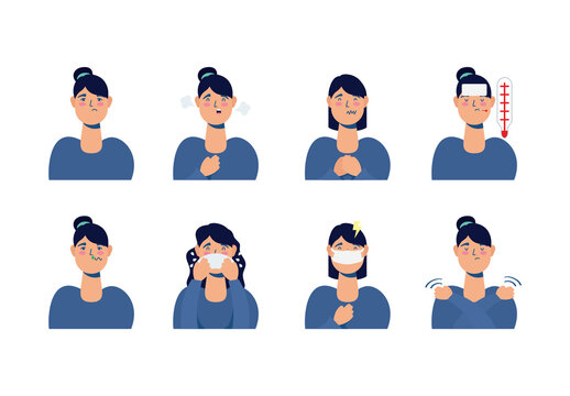 Colorful Coronavirus Symptoms Sick People Illustrations Set