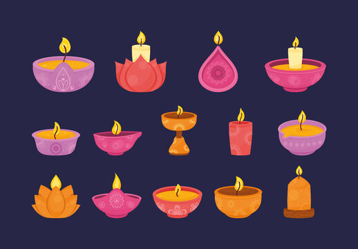 Colorful Diwali Candle Diya Festival Illustrations Set
