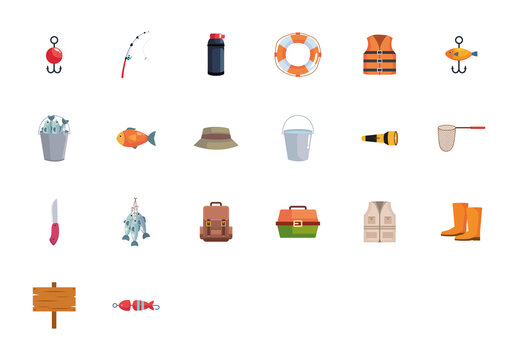 Colorful Fishing Equipment Adventure Icons Set