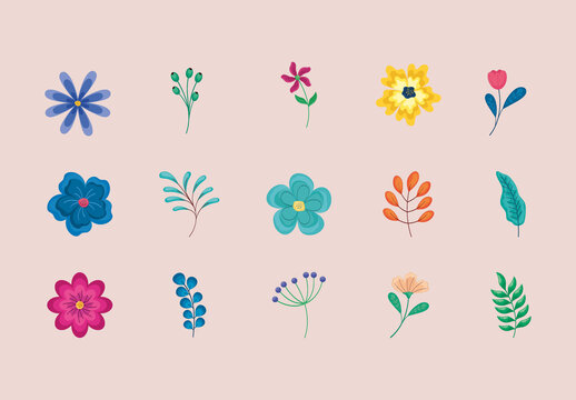 Colorful Flowers Leaves Nature Illustration Set