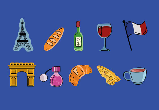 Colorful France Culture Travel Illustrations Set