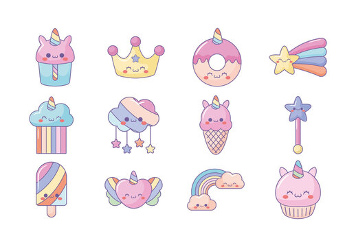 Colorful Unicorn Kawaii Rainbow Star Illustrations Set