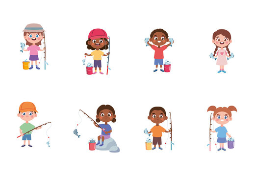 Colorful Kids Fishing Outdoor Activity Illustrations Set