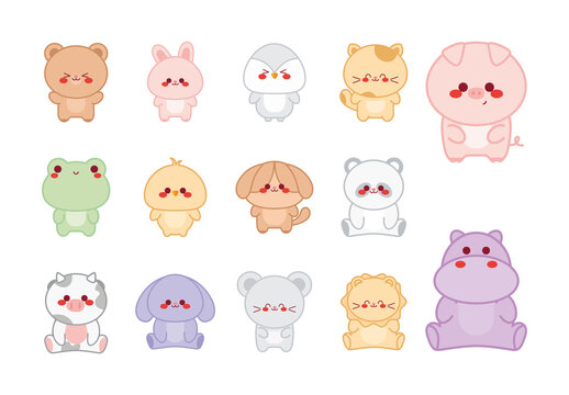Colorful Kawaii Animals Cute Illustrations Set