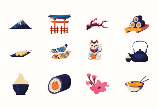 Colorful Japan Food Culture Illustrations Set