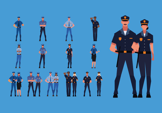 Colorful Police Officer Uniform Character Illustrations Set