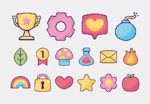 Colorful Pixel Art Heart Star Trophy Illustrations Set