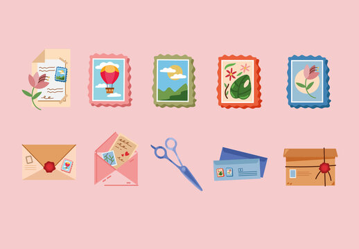 Colorful Postal Stamp Envelope Letter Mail Illustration Set