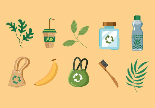 Green And Beige Recycle Eco Organic Nature Environment Illustrations Set