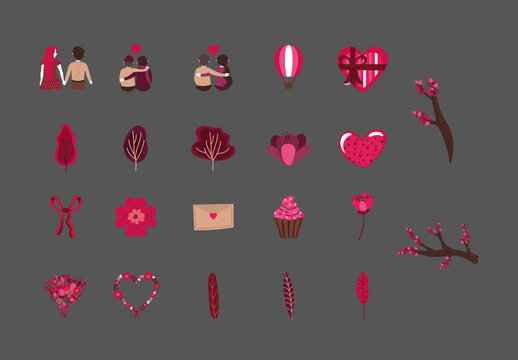 Colorful Romantic Valentines Day Illustrations Set