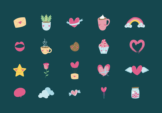 Cute Valentine Hearts Love Icon Set