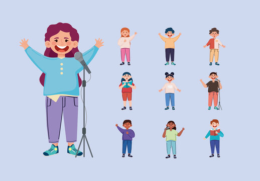 Colorful Kids Singing Music Illustrations Set